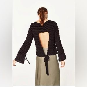 Zara Basic Collection Black Long Sleeve Blouse Open Back With Tie Size US S